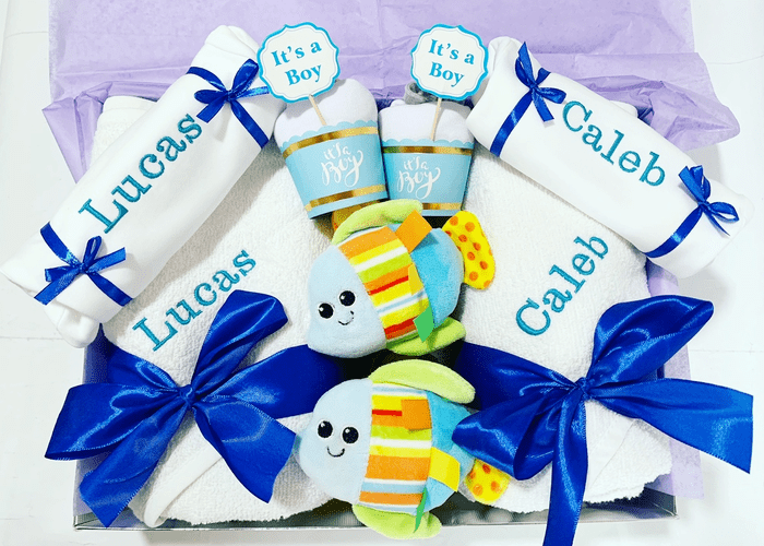 Welcome twin boys home personalised gift hamper